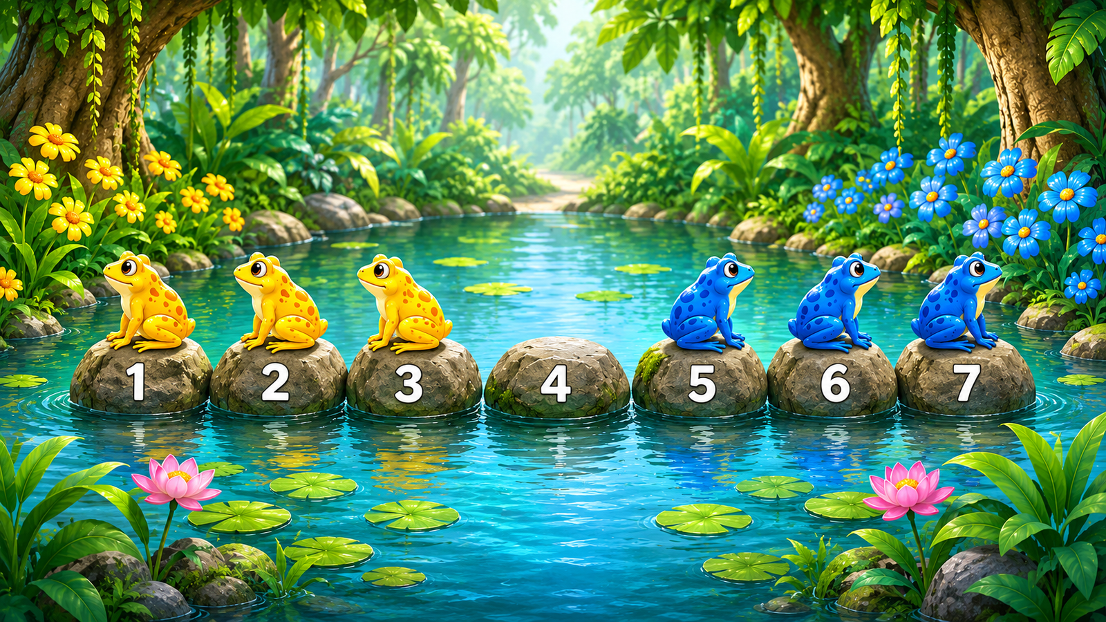 Yellow frogs on rocks one two and three and blue frogs on rocks five six and seven