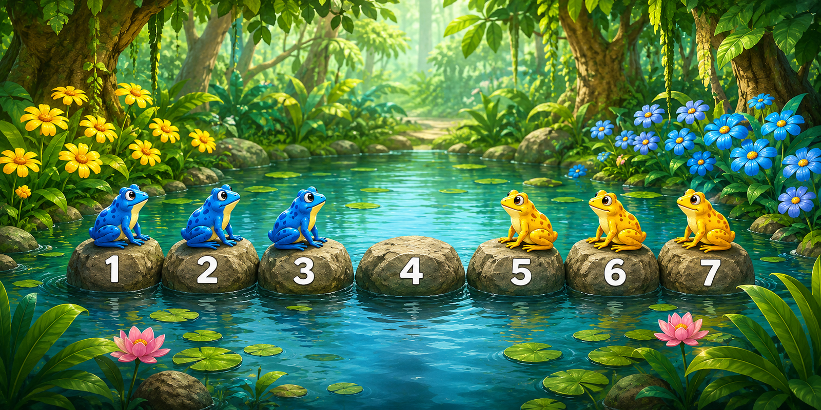 Three blue frogs on rocks one two and three and three yellow frogs on rocks five six and seven