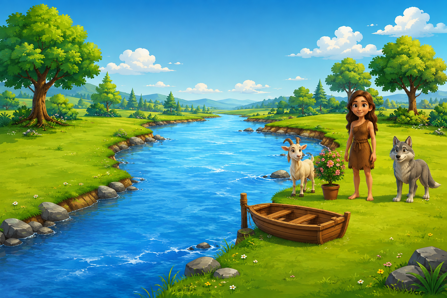 A prehistoric lady, goat, flowering plant and wolf safely together on the right river bank.