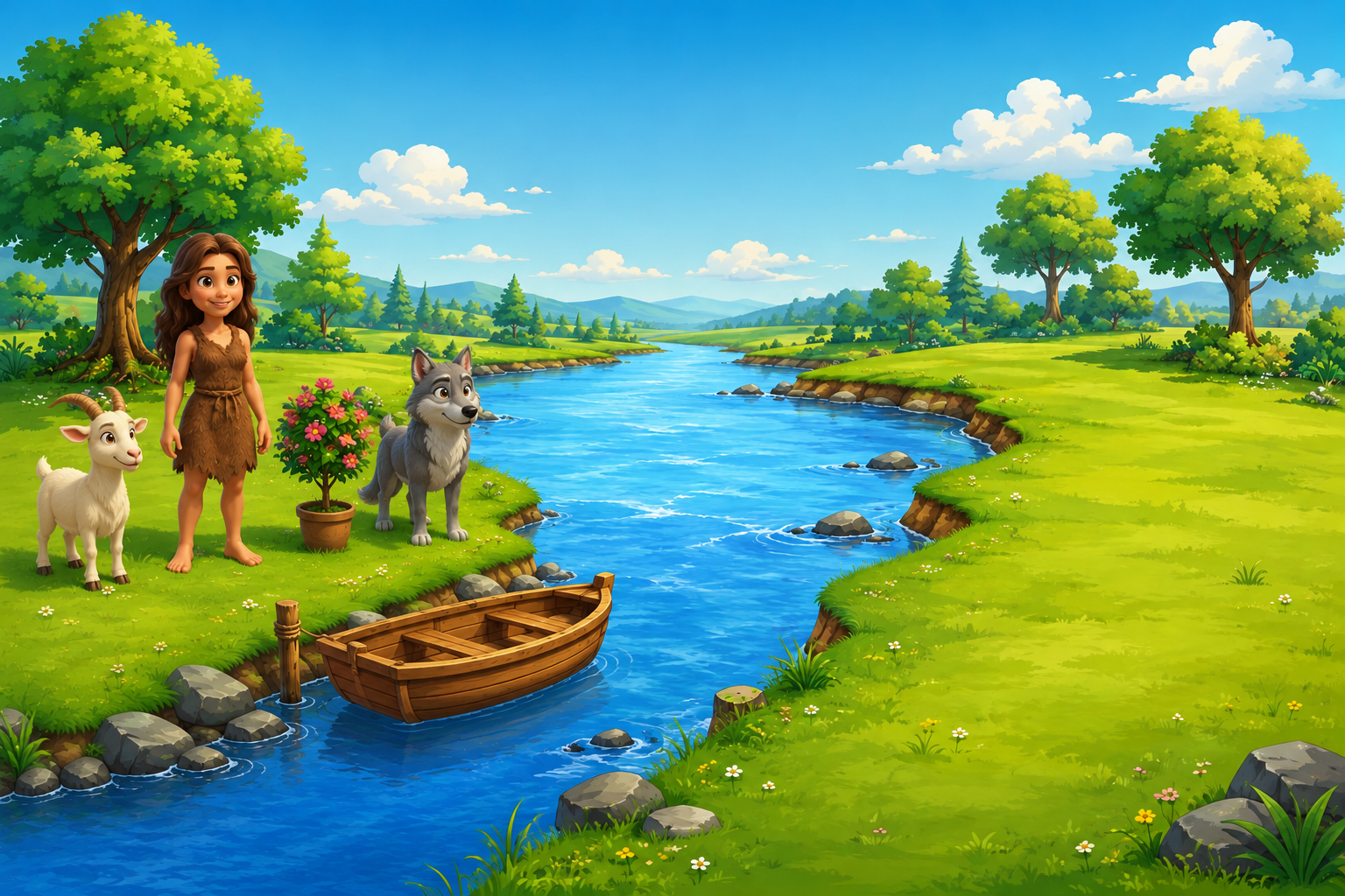 A prehistoric lady crossing a river with a goat, wolf and flowering plant