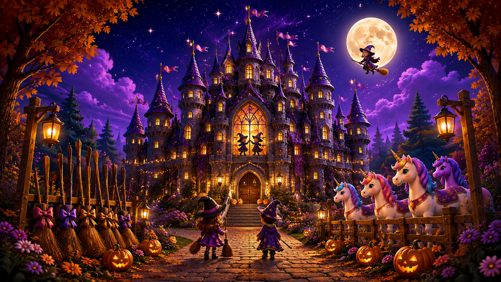 Young witch on a broom and young wizard riding a unicorn racing toward the Witch Castle
