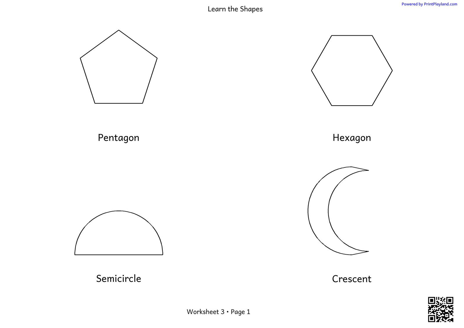 Shapes: Pentagon, Hexagon, Semicircle and Crescent